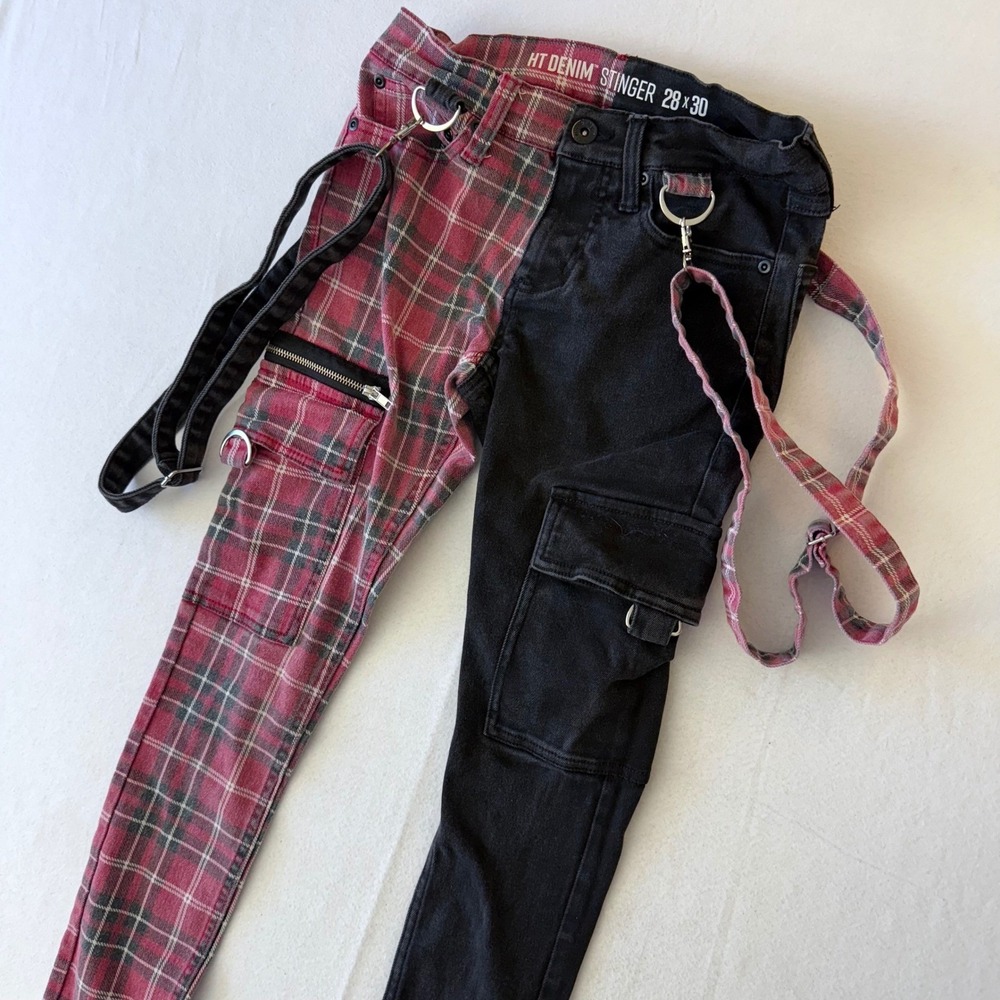 Hot Topic HT Denim Stinger Split Plaid Bondage‎ Skinny Jeans Red Black 28x30